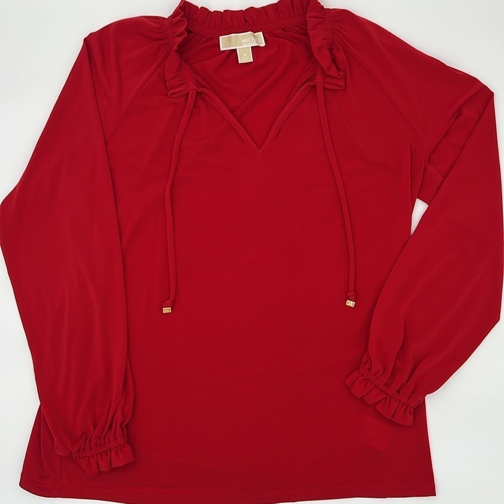 Michael Kors Red Ruffle Tie Neck Peasant Blouse Balloon Sleeve Boho Top Small